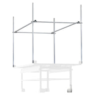 Metal trellis netting support system with four vertical poles and a horizontal frame.
