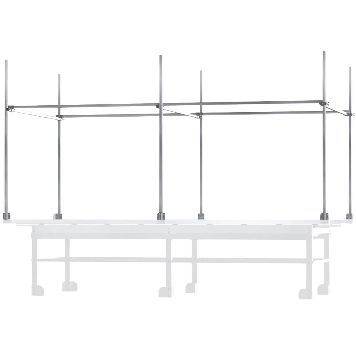 Trellis netting support system with silver metal poles and horizontal bars over a white table.