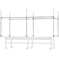 Trellis netting support system with silver metal poles and horizontal bars over a white table.
