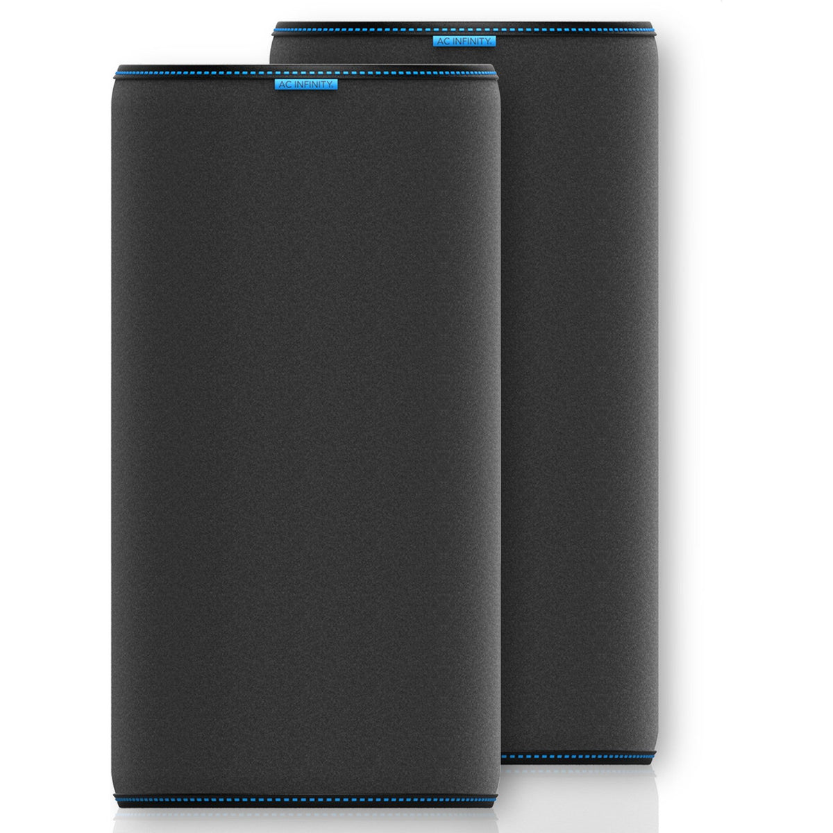 AC Infinity pre-filter cloths for fans, featuring a dark grey fabric with blue trim and logo.