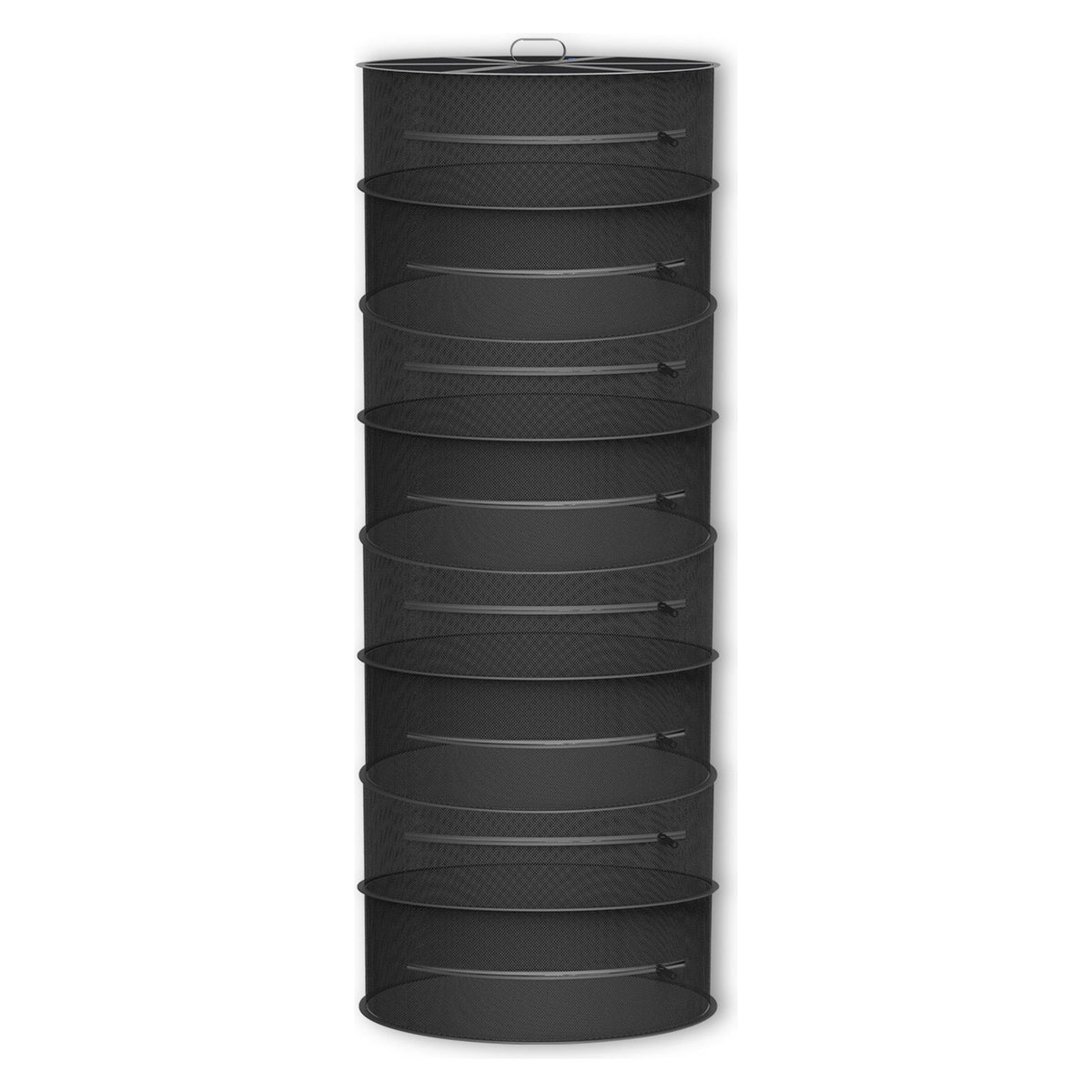 Black eight-tier hanging herb drying rack with mesh shelves and zippers.
