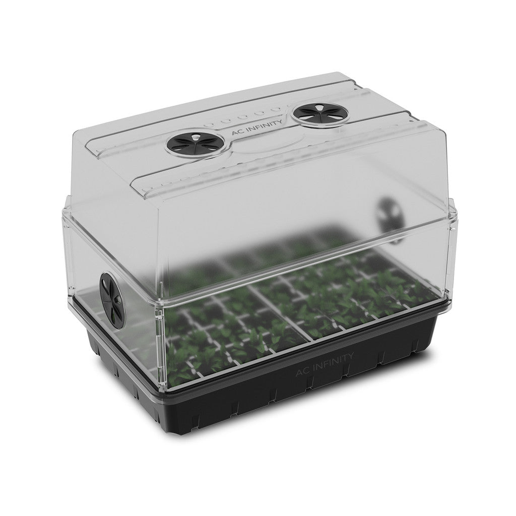 AC Infinity clear plastic humidity dome propagation kit with adjustable vents and a black tray holding green seedlings.