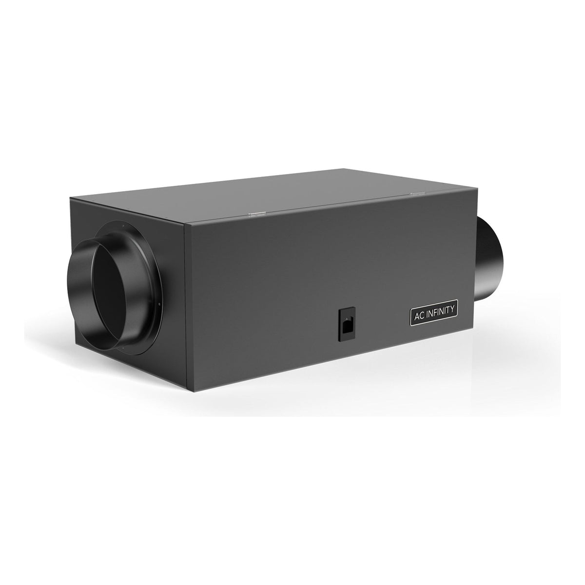 Black AC Infinity air filter box with circular inlets on both sides and a power switch.