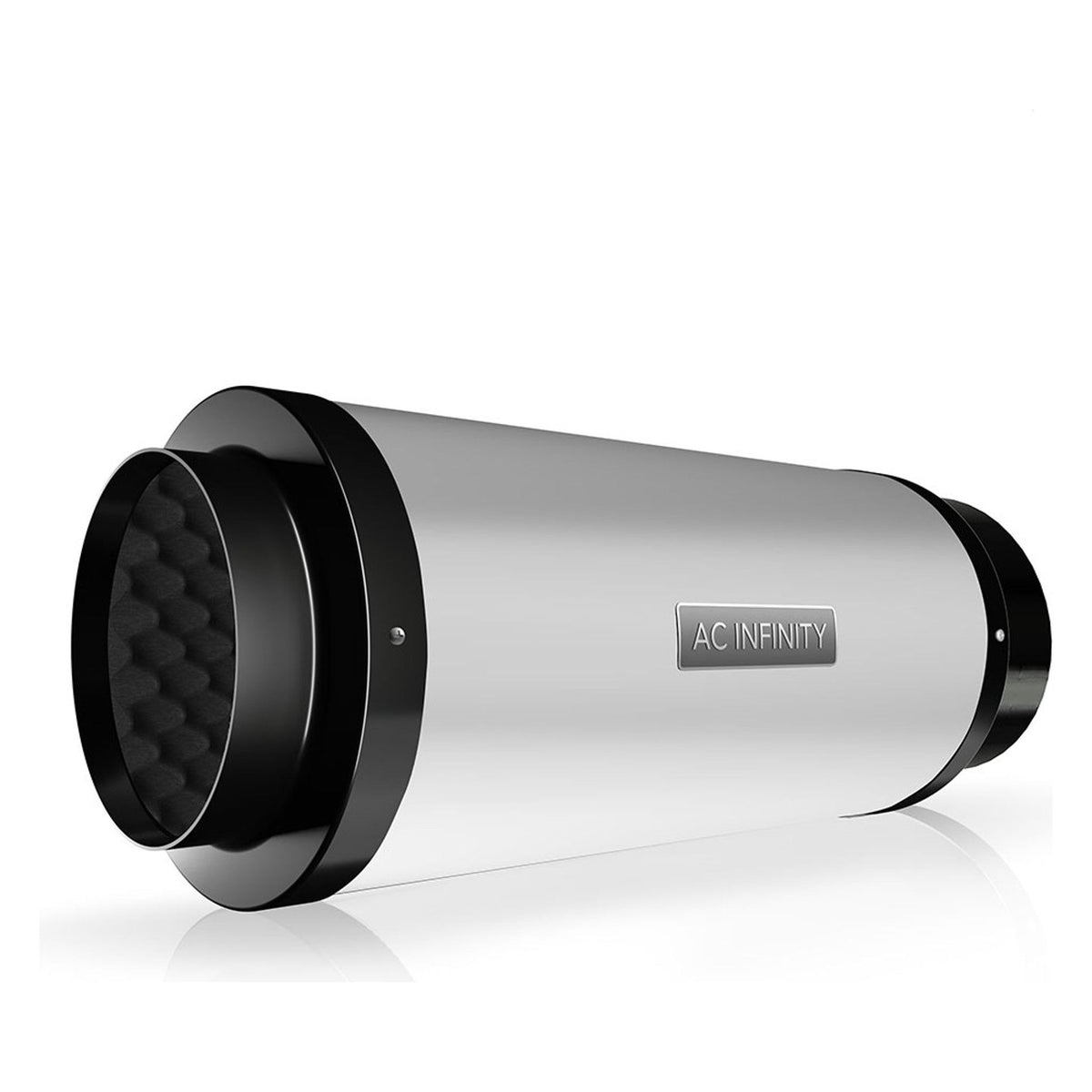 AC Infinity 6-inch duct silencer with black acoustic foam lining and reflective silver body.
