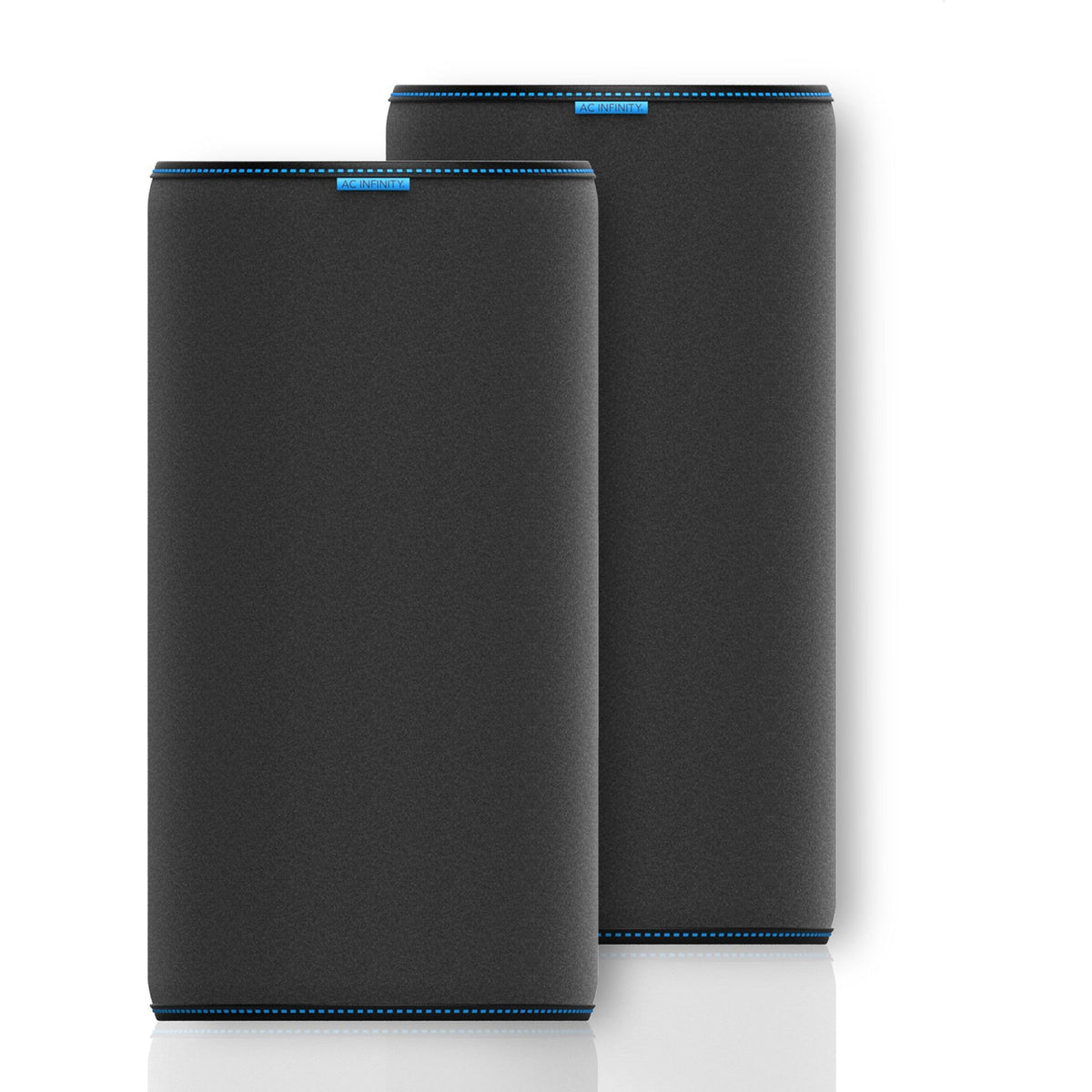 Two black AC Infinity pre-filter cloths with blue stitching, side by side on a white background.