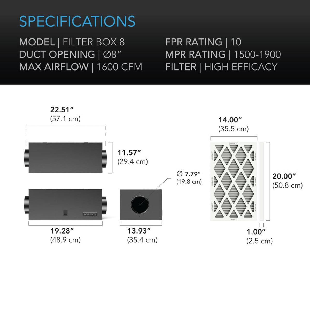 AC Infinity AC Infinity 8&quot; High Efficacy Air Filter Box Specs