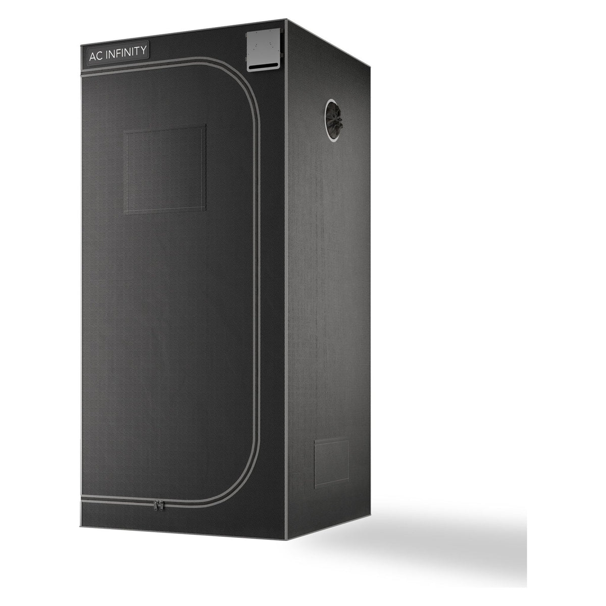 A black AC Infinity grow tent with zippered front panel and vents, isolated on white.