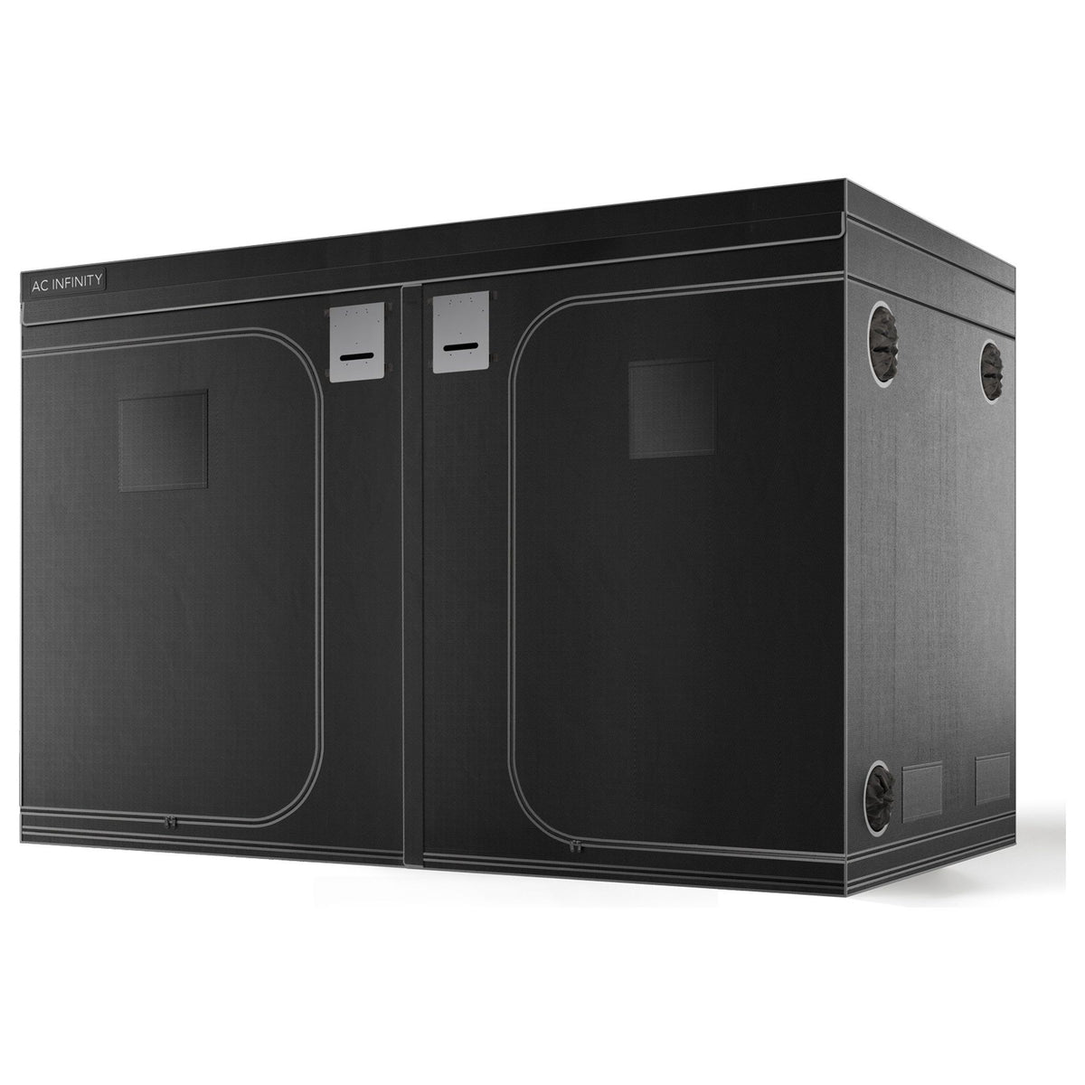 AC Infinity black grow tent with two front doors, multiple vents, and clear observation windows.