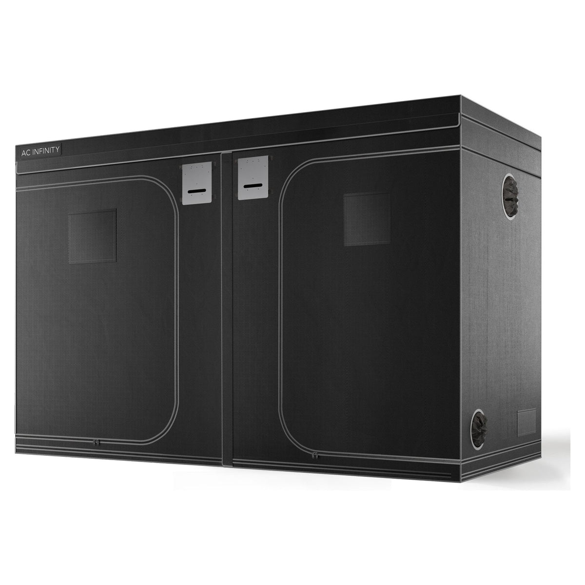 AC Infinity Cloudlab 816 hydroponic grow tent, black, double doors, ventilation ports.