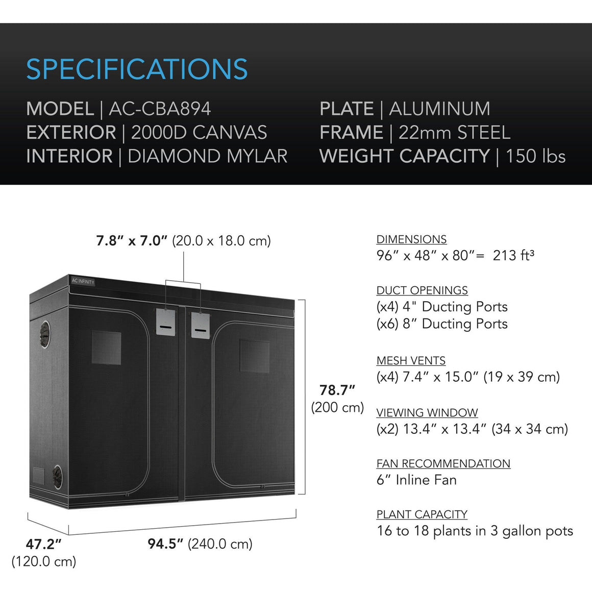 AC Infinity AC Infinity Cloudlab 894 8' x 4' x 6'8" Hydroponic Grow Tent