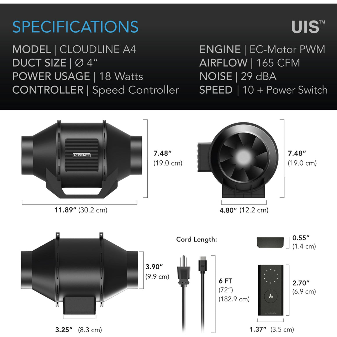 AC Infinity AC Infinity Cloudline Lite A4 Inline Fan System