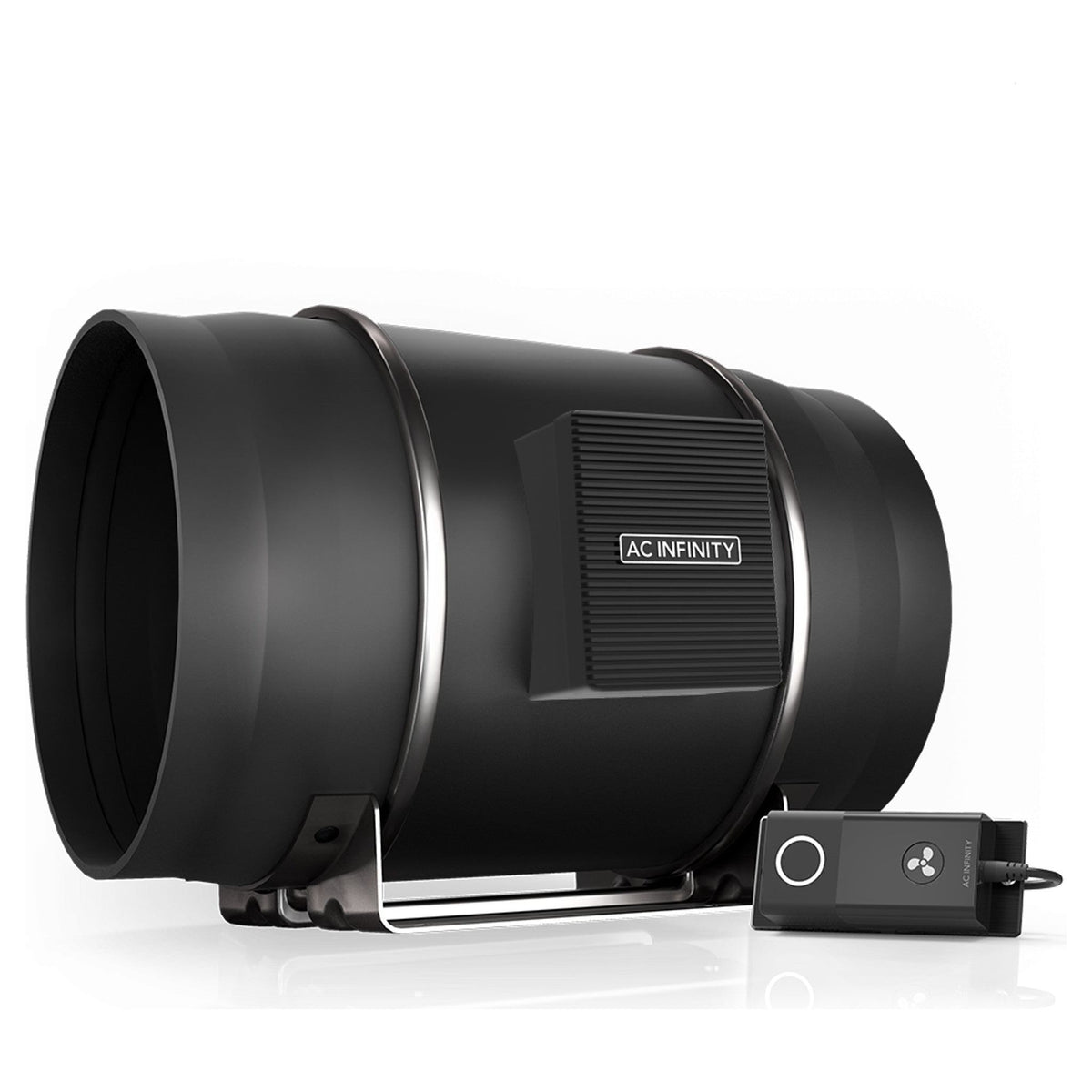 AC Infinity CLOUDLINE S10 inline duct fan with a black controller and a ring icon.