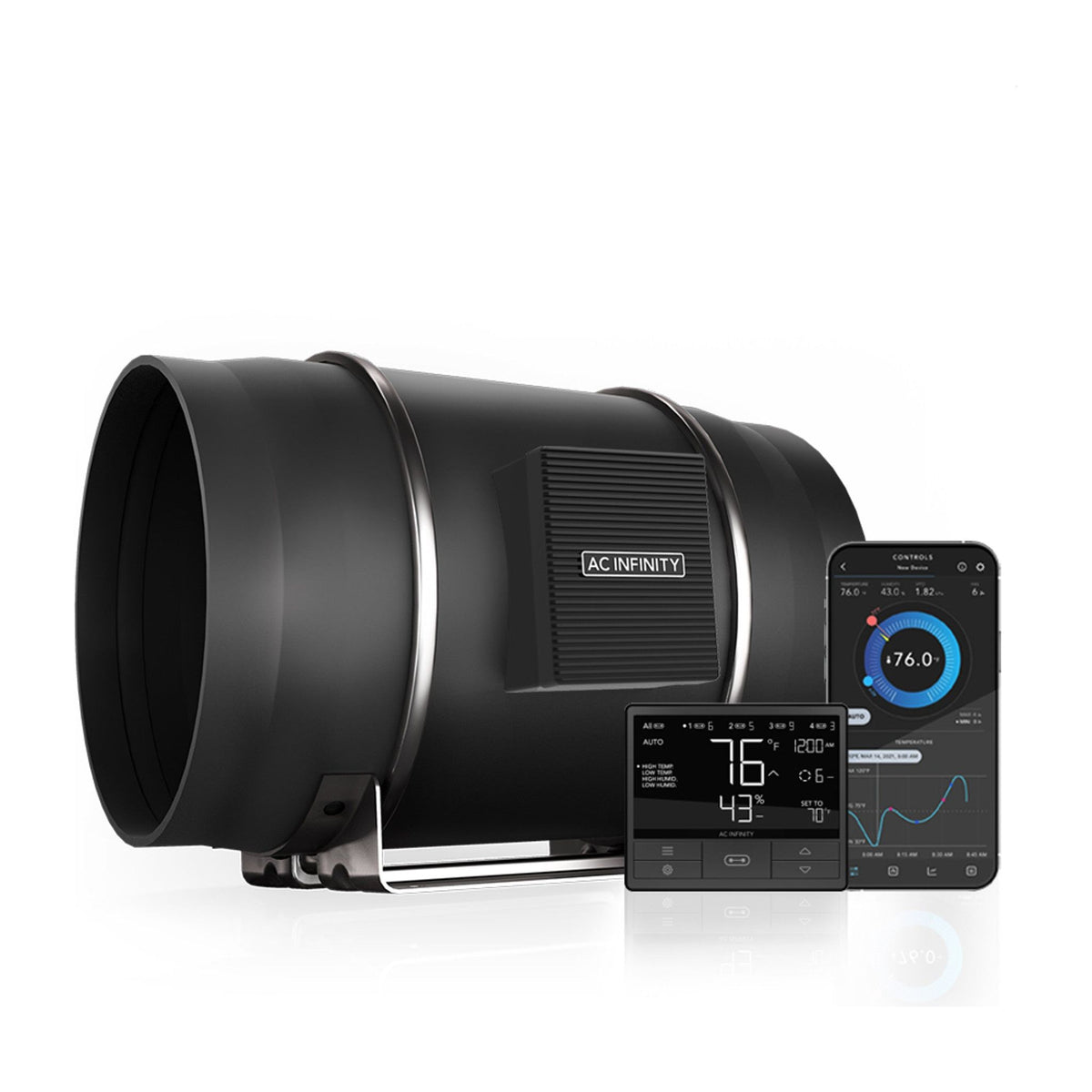 Black AC Infinity Cloudline T12 inline fan system with digital controller and smartphone app.