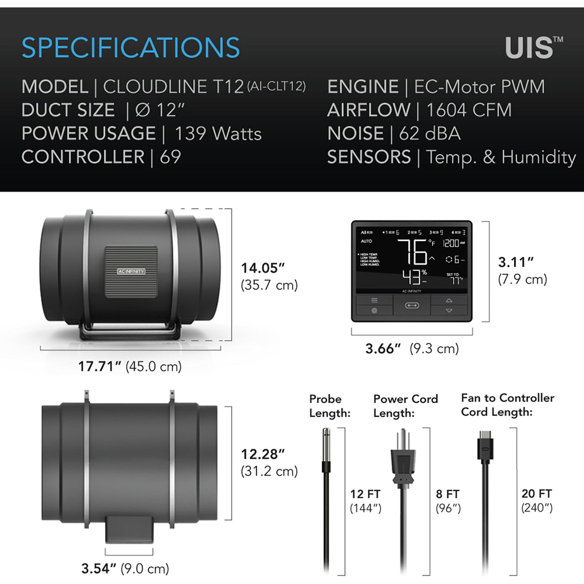 AC Infinity AC Infinity Cloudline T12 Inline Fan System