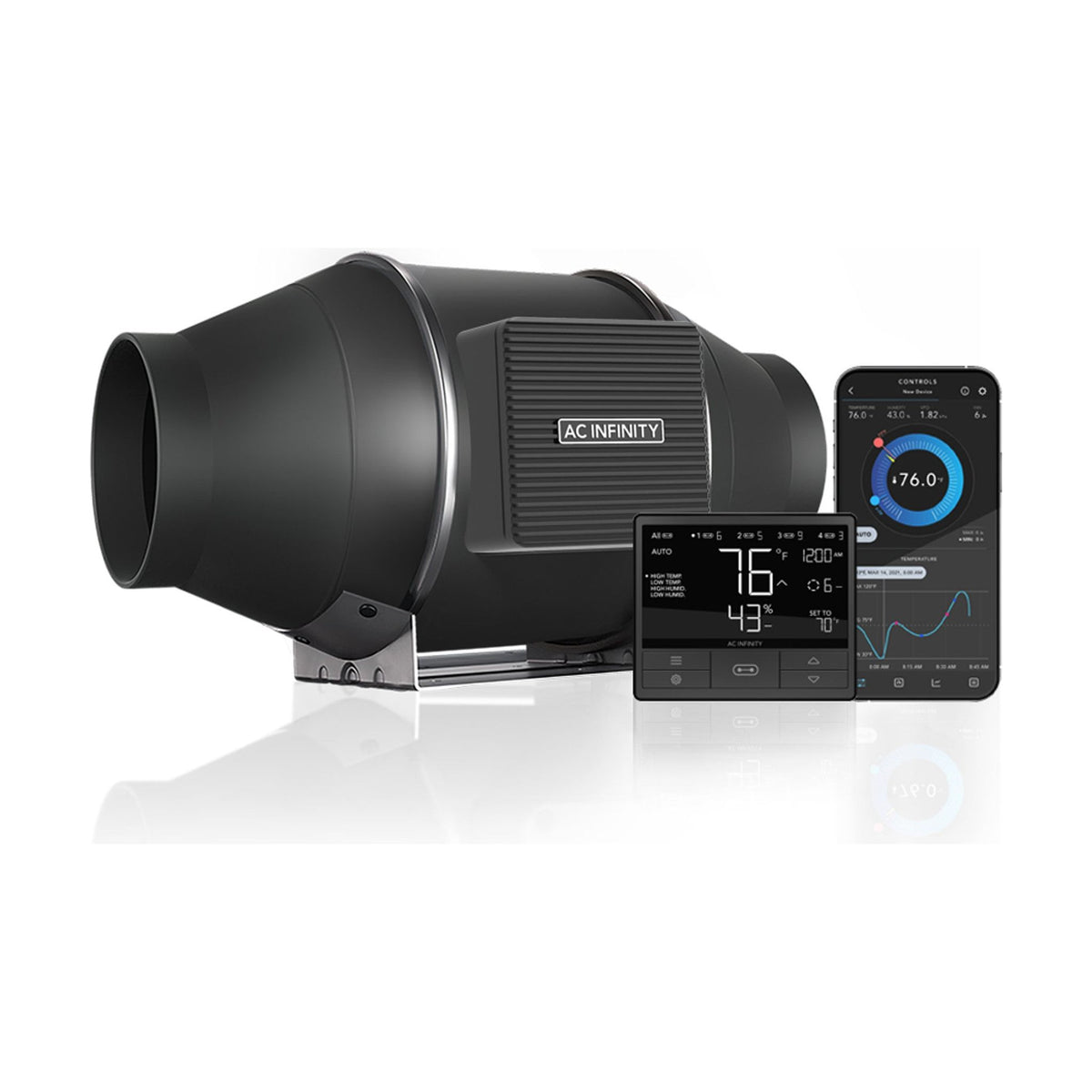 AC Infinity Cloudline T4 inline fan system with digital controller and smartphone app display on a white background.