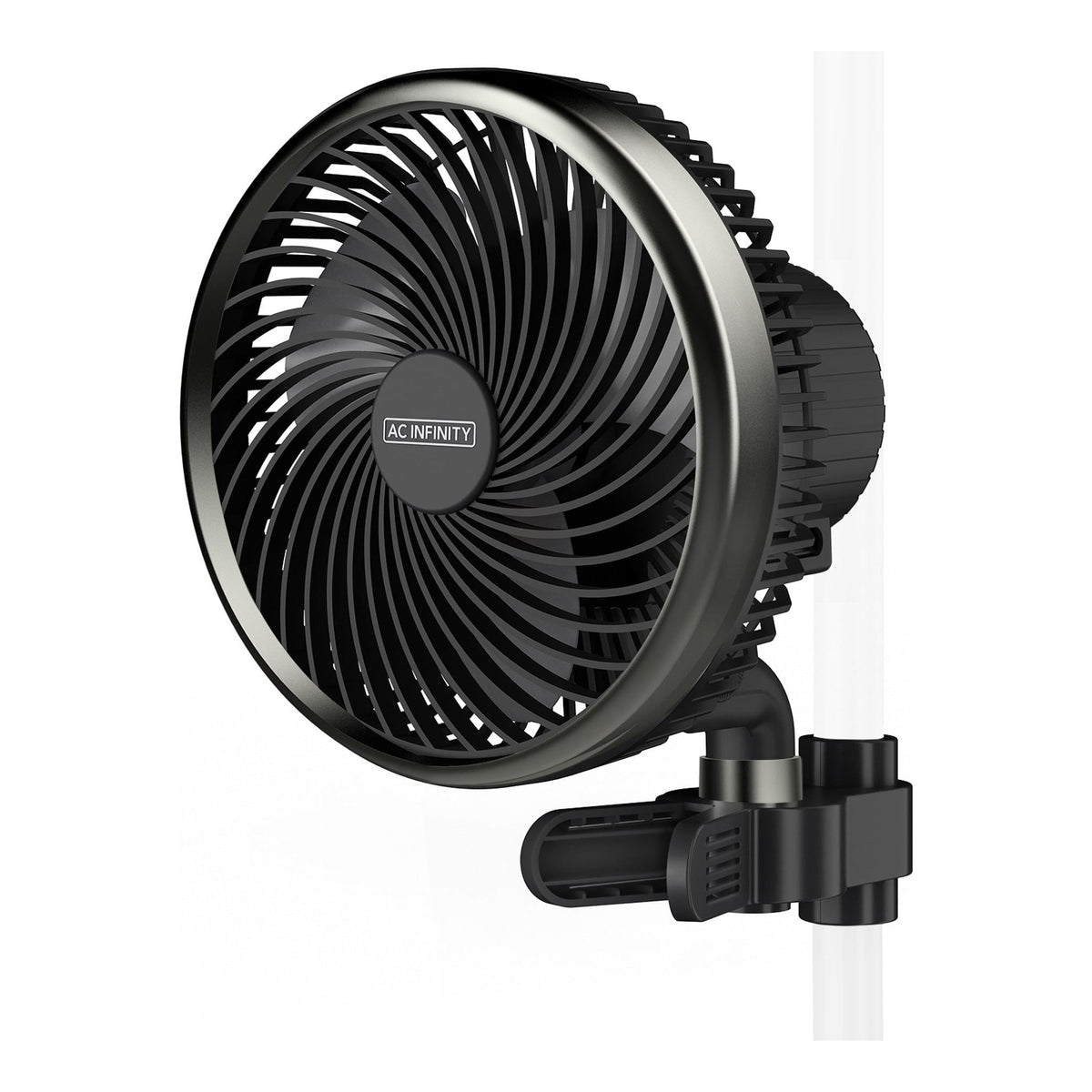 AC Infinity Cloudray A6 clip-on grow tent fan with black blades and metallic rim, mounted on a white pole.