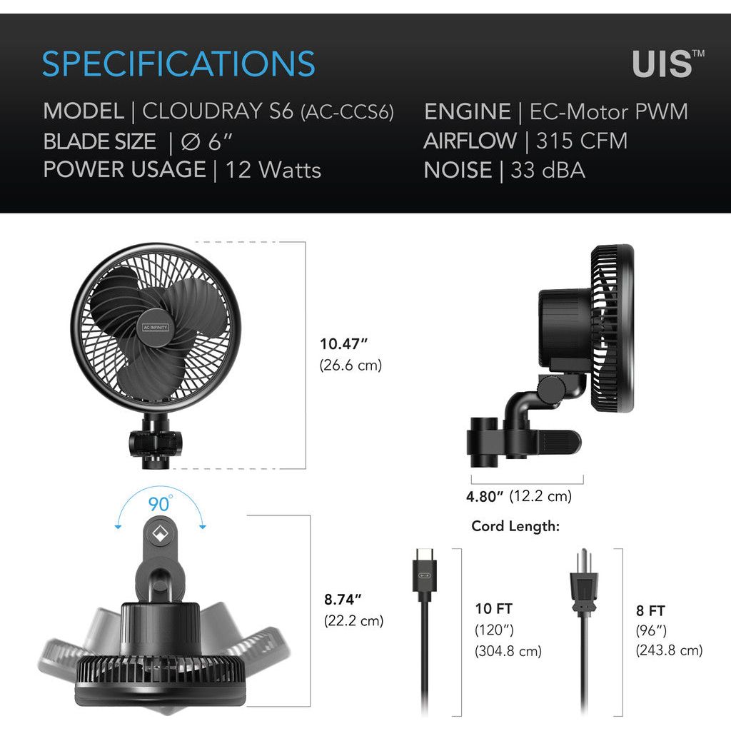 AC Infinity CloudRay S6 Grow Tent Clip-On Fan