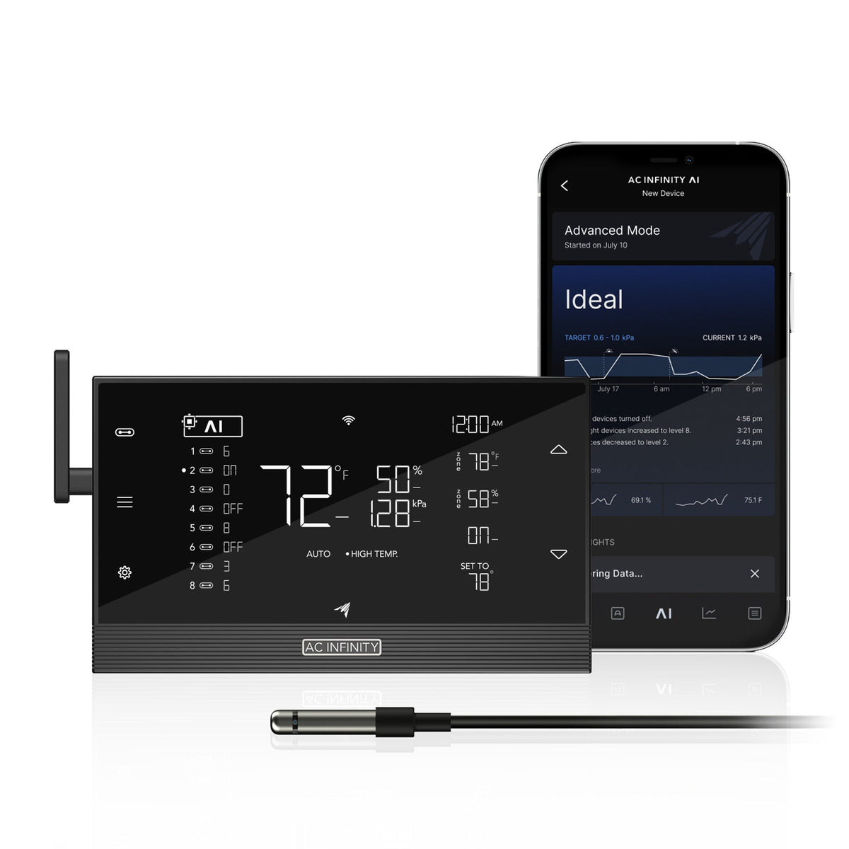AC Infinity AI smart controller, smartphone app, and environmental sensor for grow room climate control on white background.
