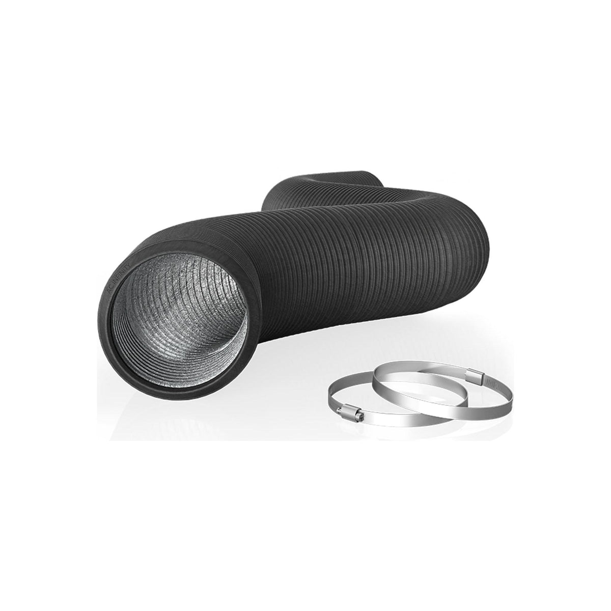 Black flexible ducting with silver interior and two silver hose clamps.