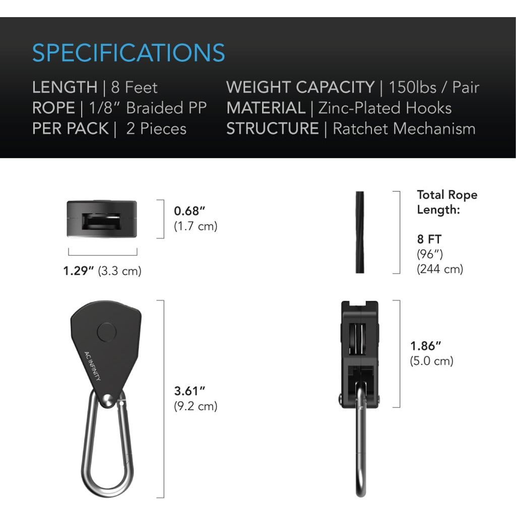 AC Infinity Heavy-Duty Adjustable Rope Clip Light Hanger — 1 Pair