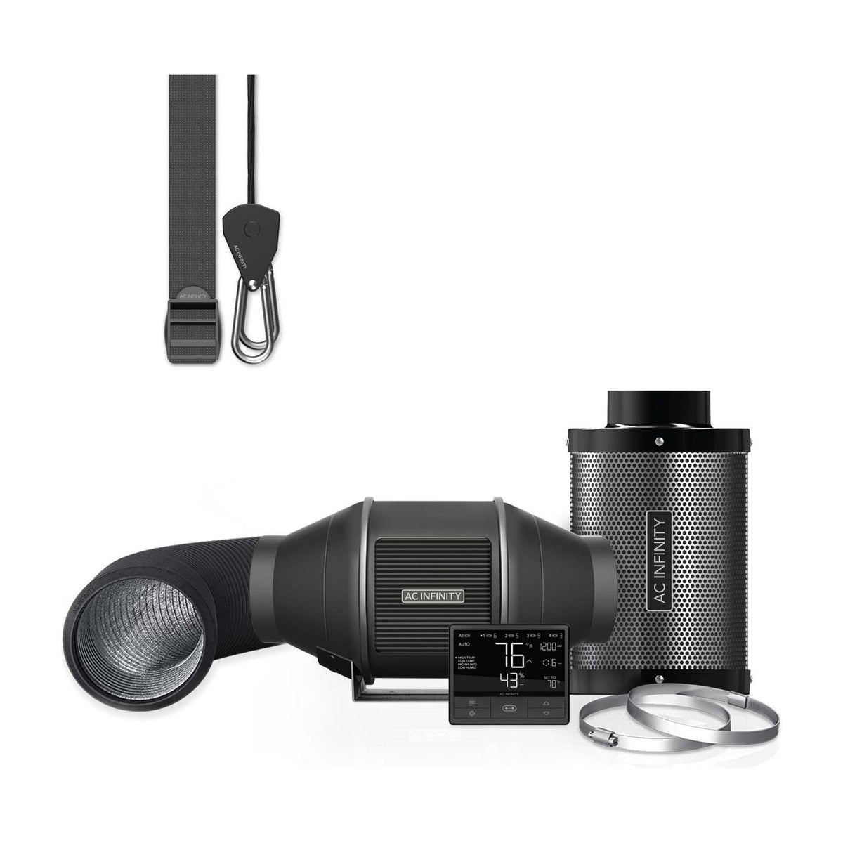 AC Infinity inline fan with smart controller, charcoal filter, flexible ducting, and two metal clamps.