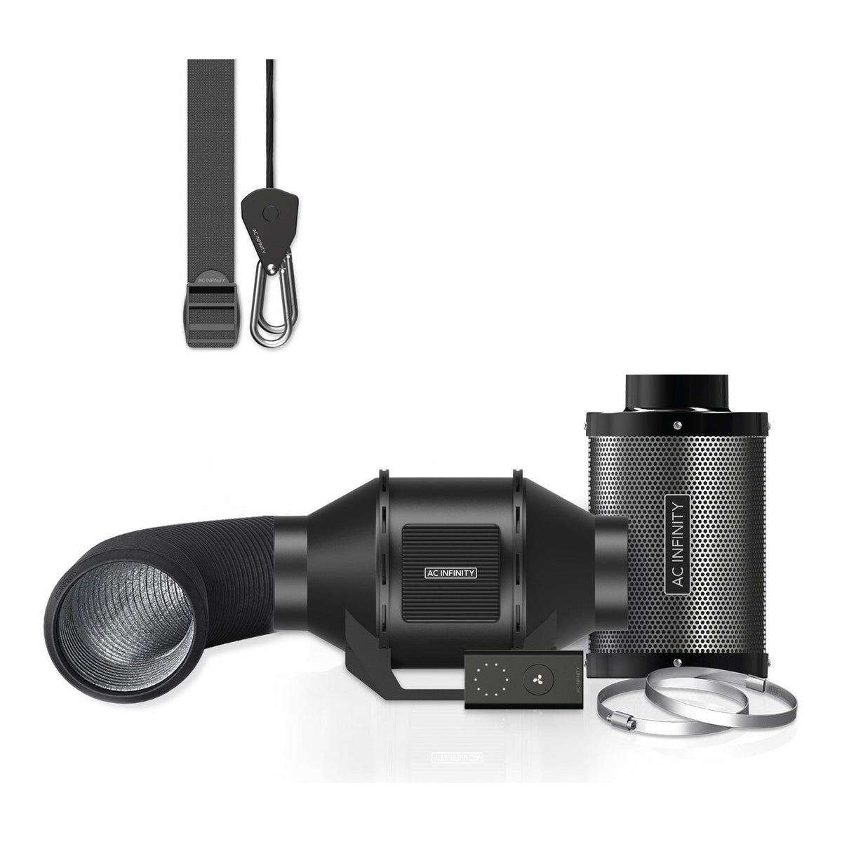AC Infinity inline fan with speed controller, filter kit, and hanging straps.