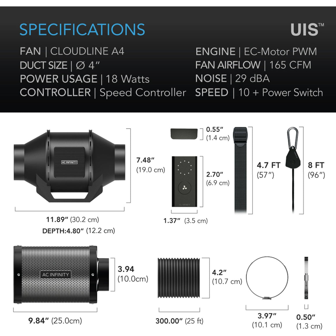 AC Infinity AC Infinity Inline Fan with Speed Controller 4" Filter Kit