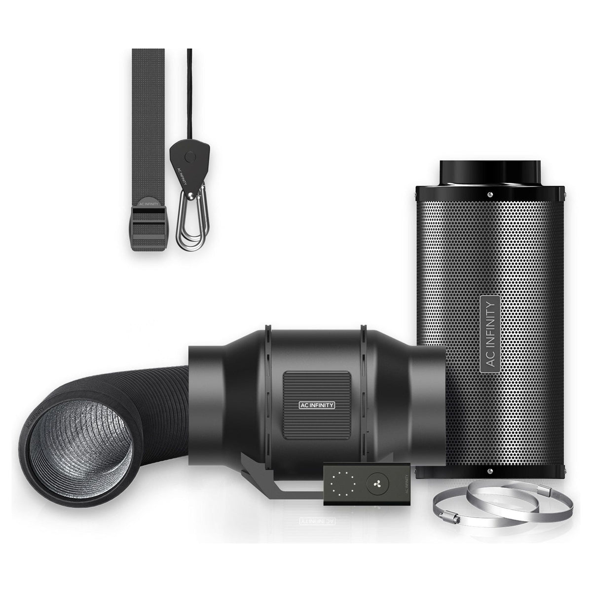 AC Infinity inline fan with speed controller and 6" carbon filter kit.