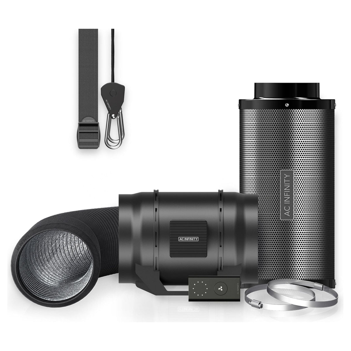 AC Infinity inline fan kit with filter, controller, ducting, and clamps.