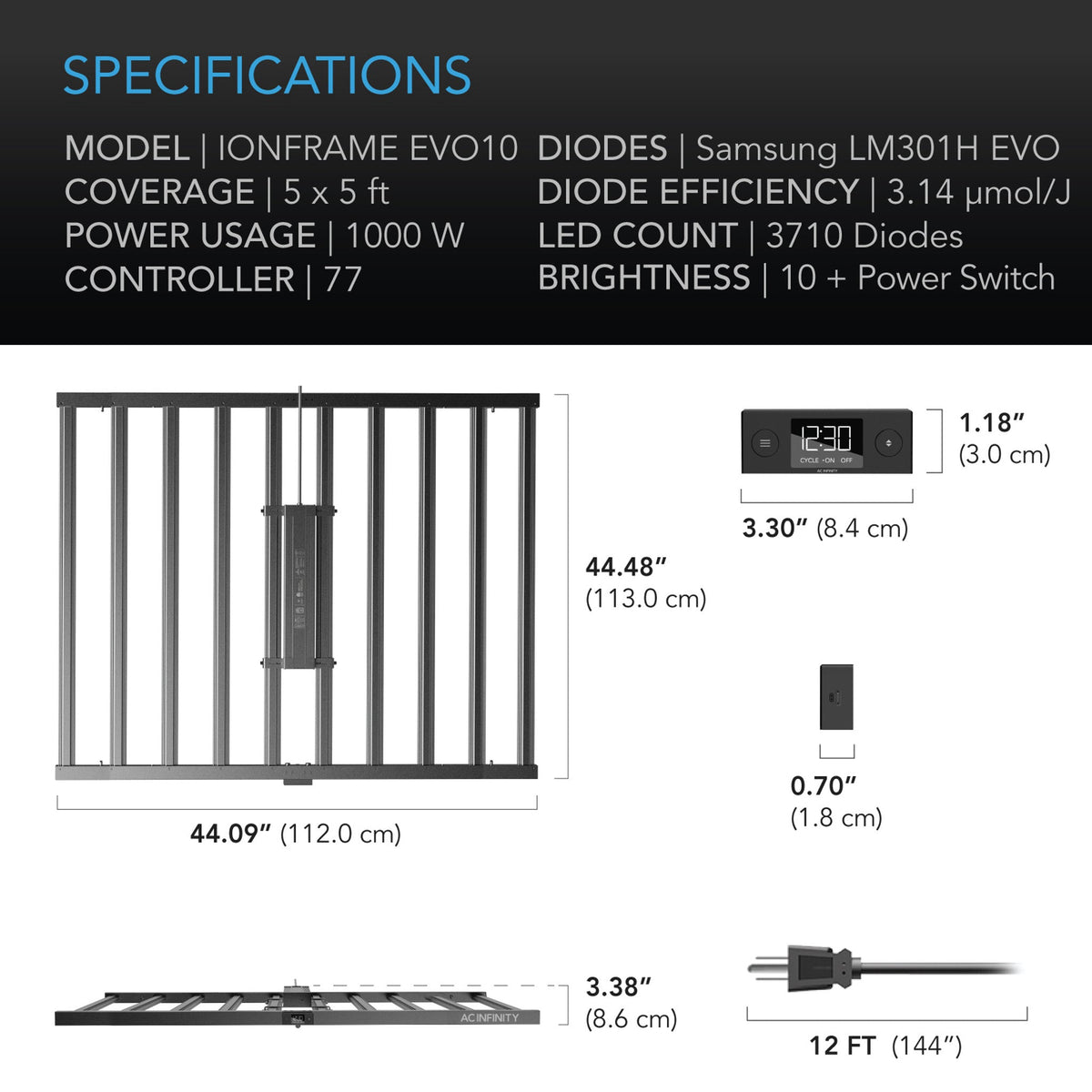 AC Infinity AC Infinity Ionframe Evo108 1000W Commercial LED Grow Light Specs