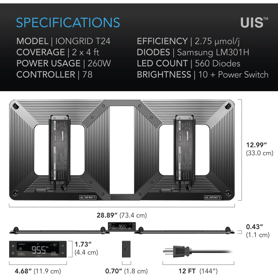AC Infinity AC Infinity Iongrid T24 260W Full Spectrum LED Grow Light Specs