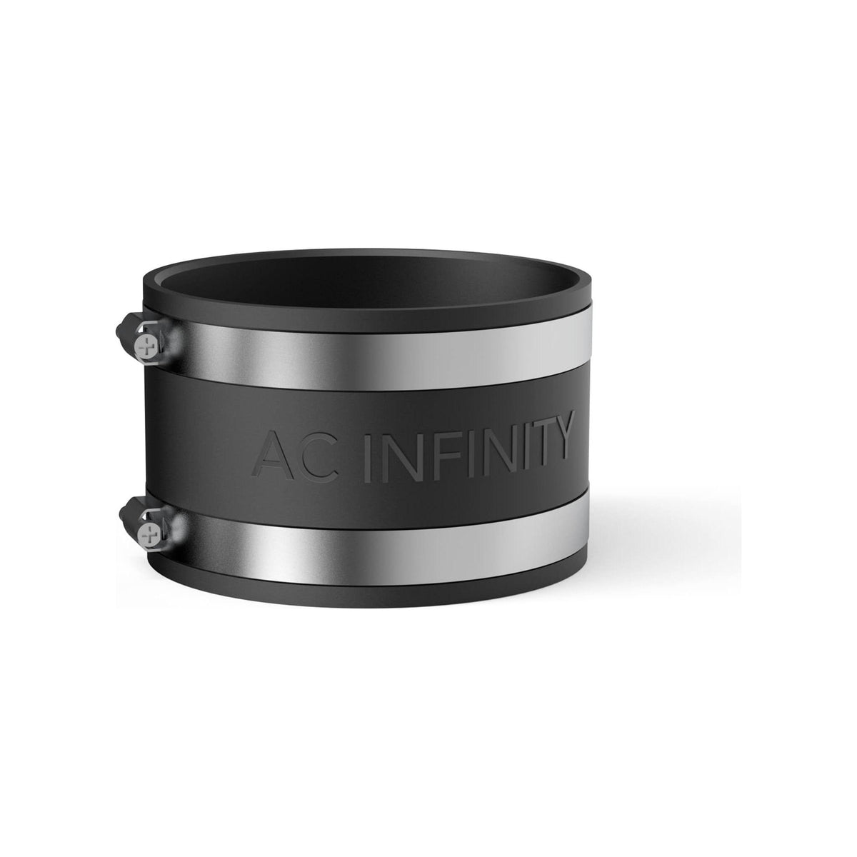 Black AC Infinity clamp with silver bands and embossed logo.