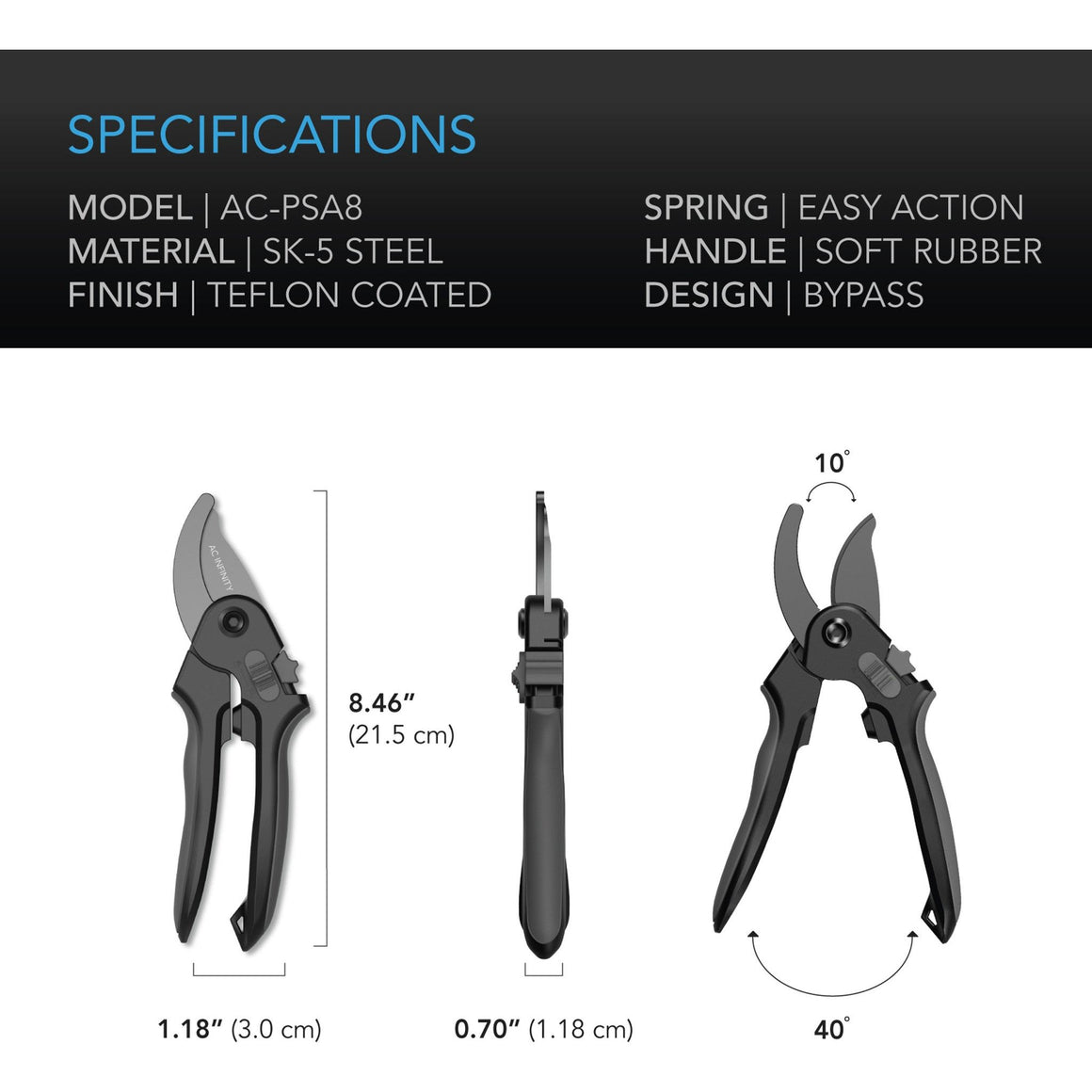 AC Infinity AC Infinity Stainless Steel Pruning Shear Trimming Scissors - 8" Bypass Blades specs