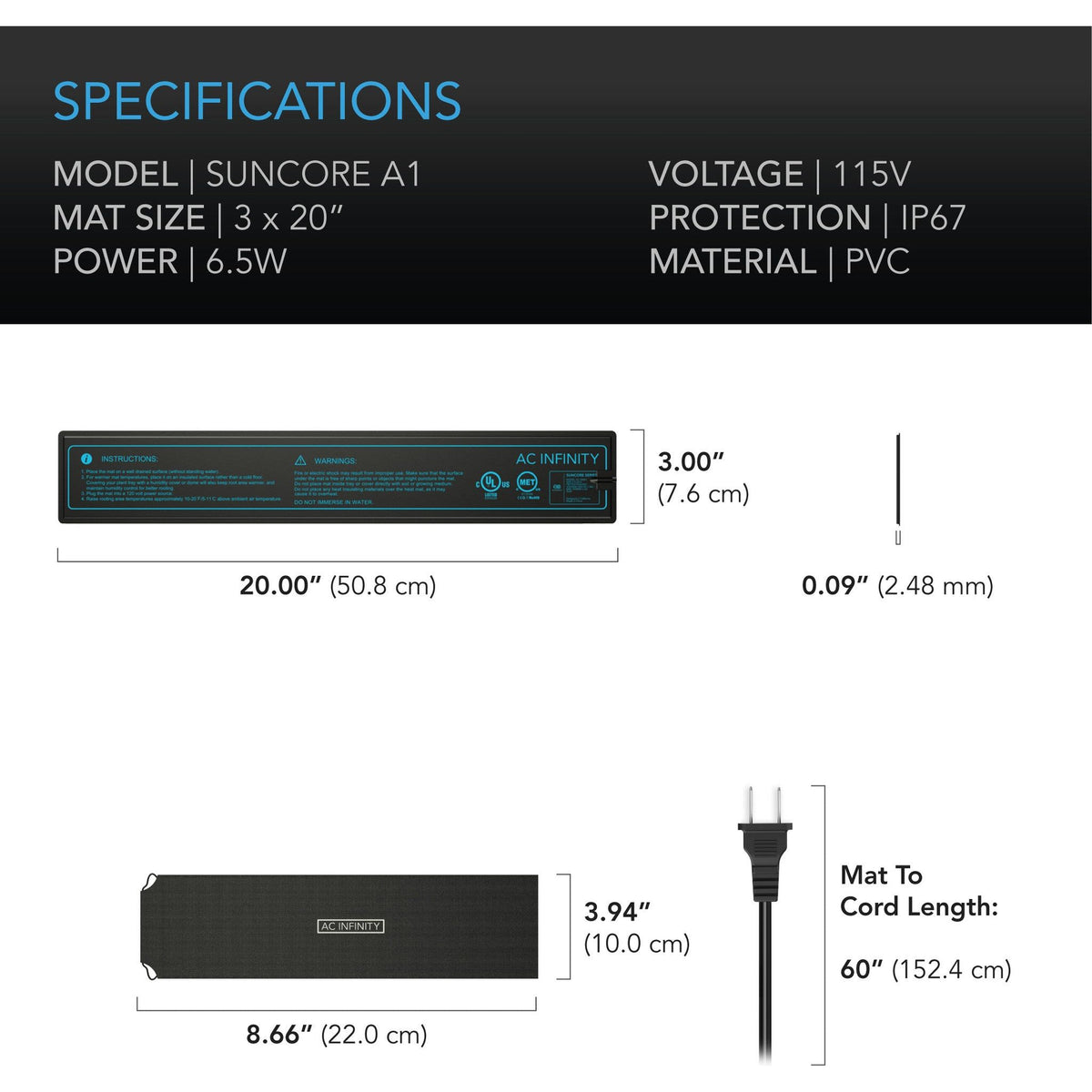 AC Infinity AC Infinity Suncore A1 3&quot; x 20&quot; Seedling Heat Mats