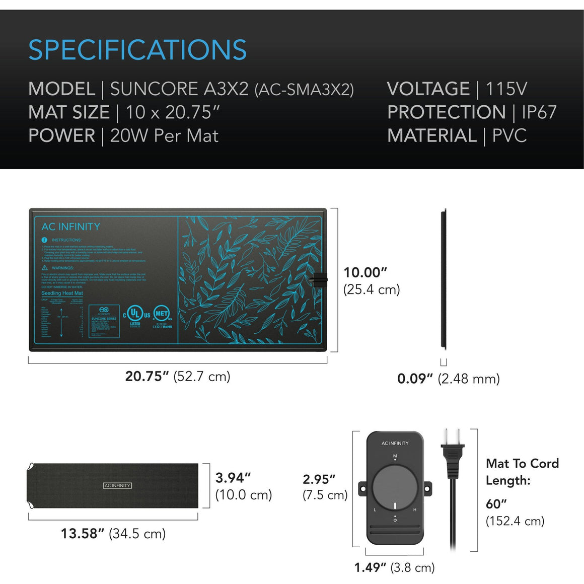 AC Infinity AC Infinity Suncore A3x2 10" x 20.75" Dual Seedling Heat Mats