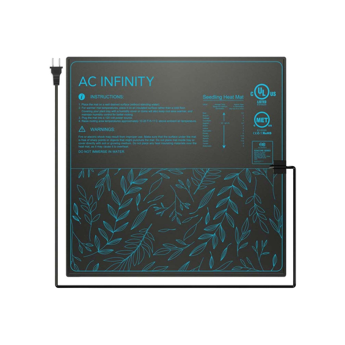 AC Infinity seedling heat mat with blue leaf pattern, instructions, and UL & MET certifications.