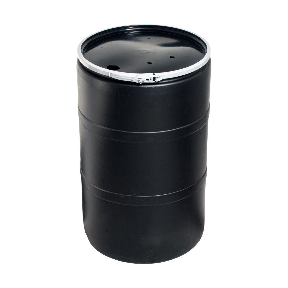 Black 55-gallon plastic drum with a silver locking lid and two small openings on top.
