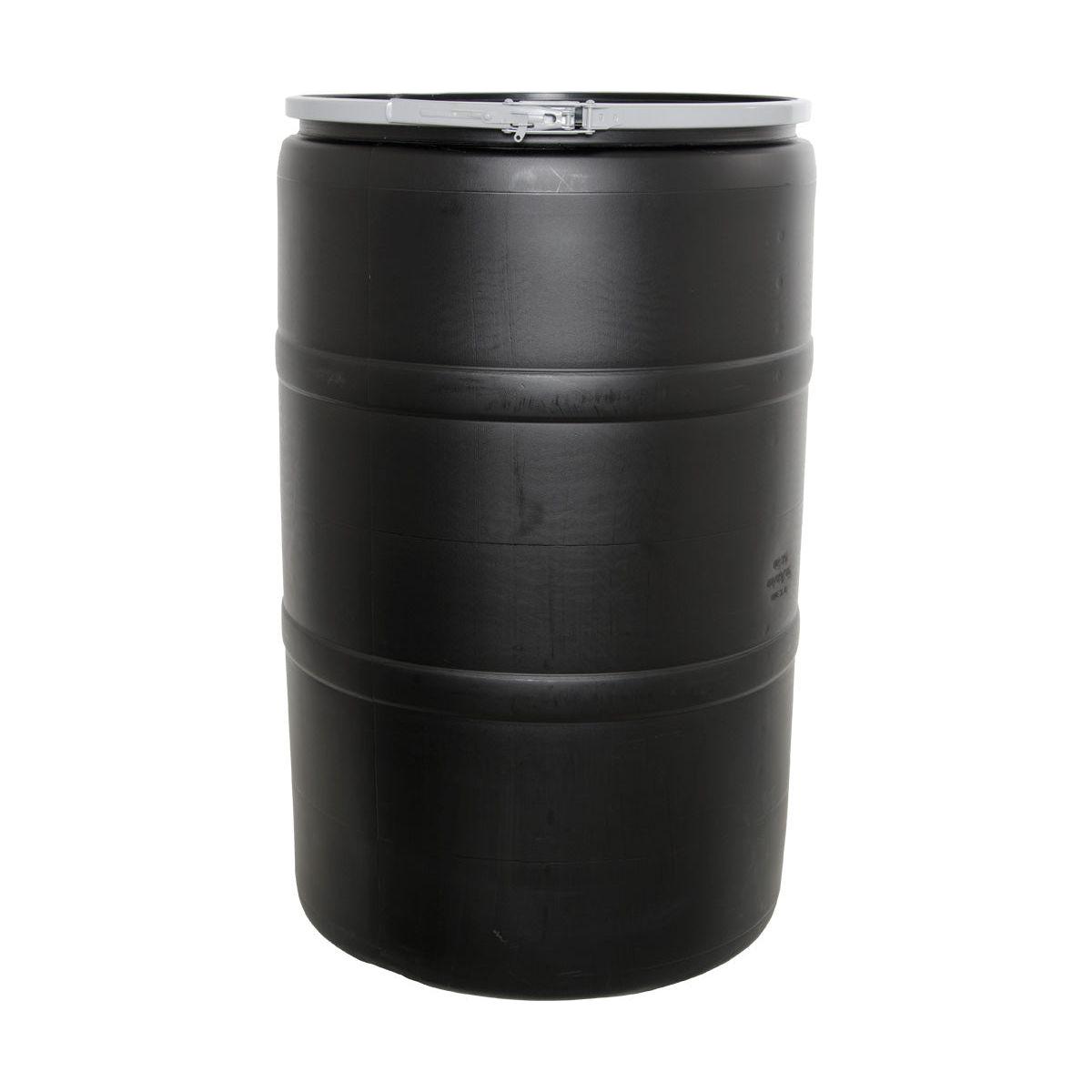Black 55-gallon plastic drum with a silver locking clamp lid, isolated on white.