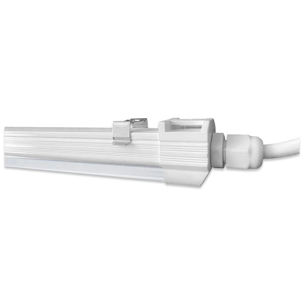 White LED grow light strip with metal mounting clip and power cord connector, isolated on a white background.