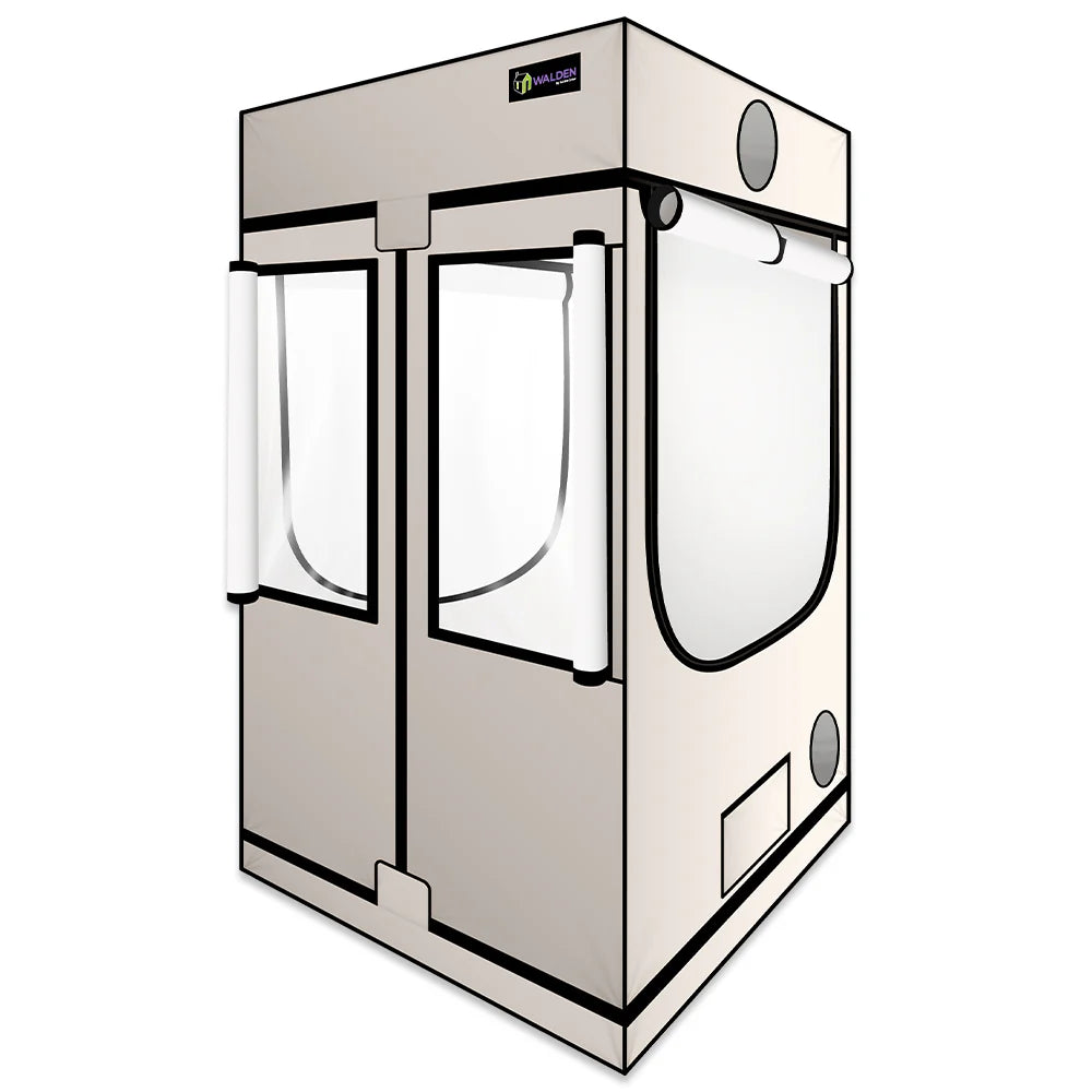 Walden white grow tent with clear rolled-up windows, circular vents, black trim, designed for indoor plant cultivation.