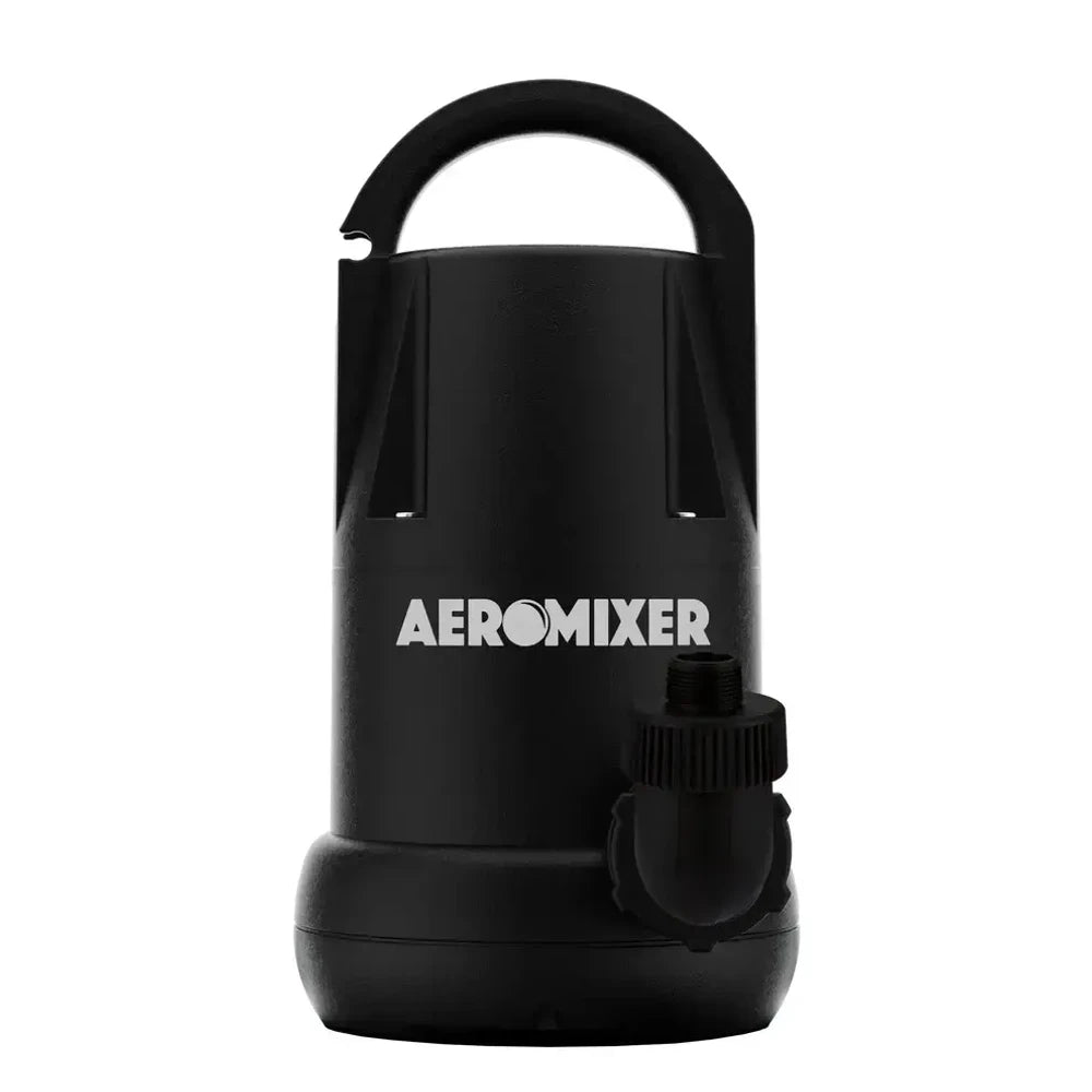 Black AEROMIXER pump with a top handle and threaded side outlet, isolated on a white background.