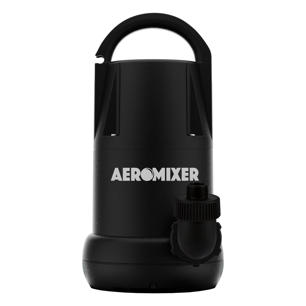 Black AEROMIXER 1 HP transfer pump with a top handle, side nozzle, and logo, on a white background.