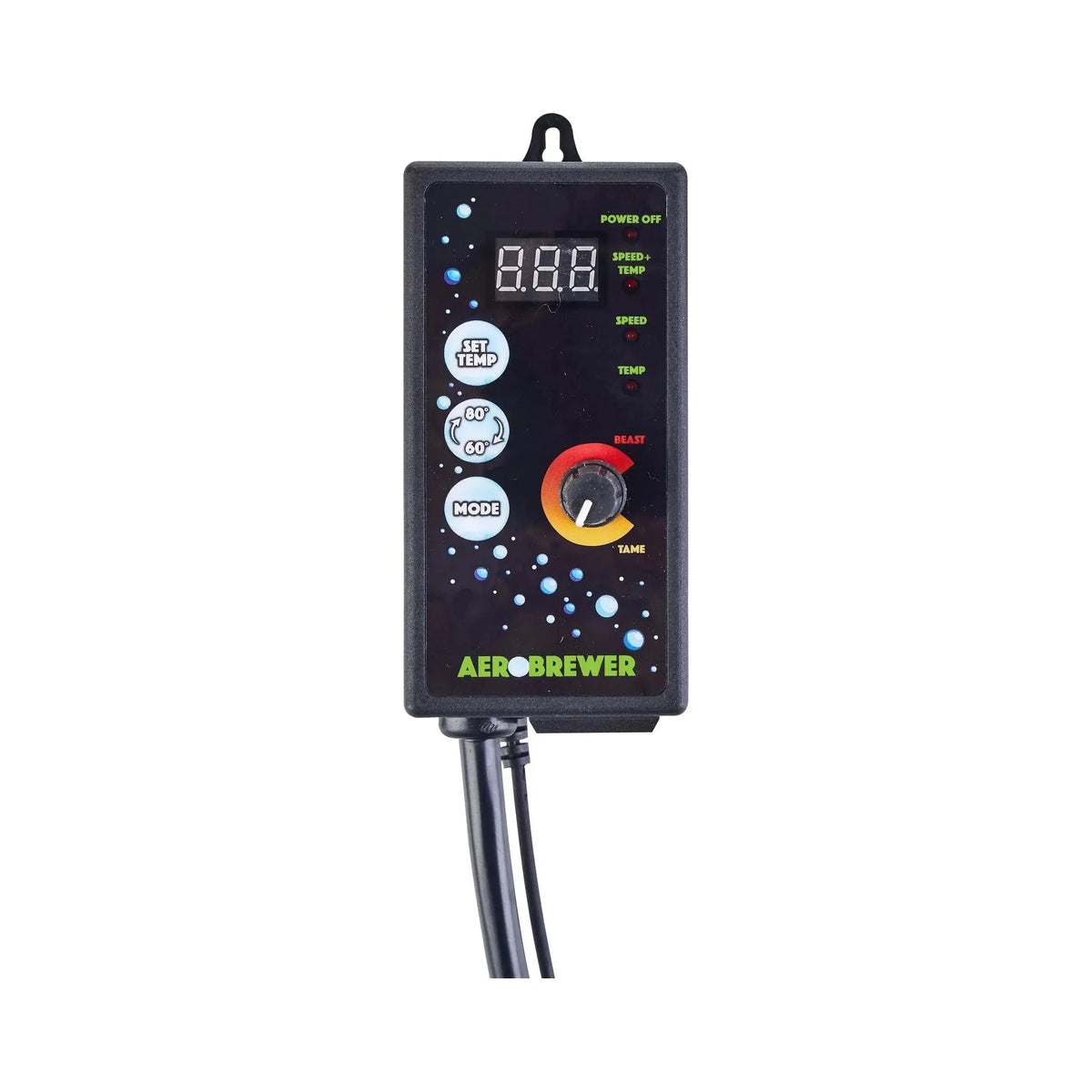 Black Aerobrewer temperature and power controller with digital display, knobs, and mode selection.
