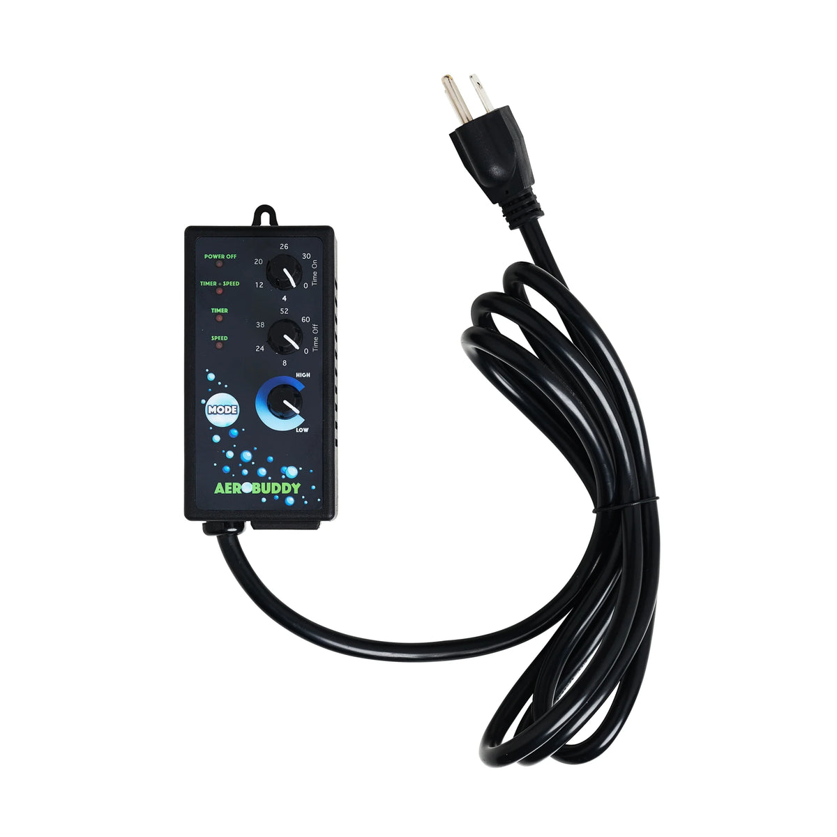 Aerobuddy timer power controller with knobs and LED indicators, connected to a black cord with a plug.