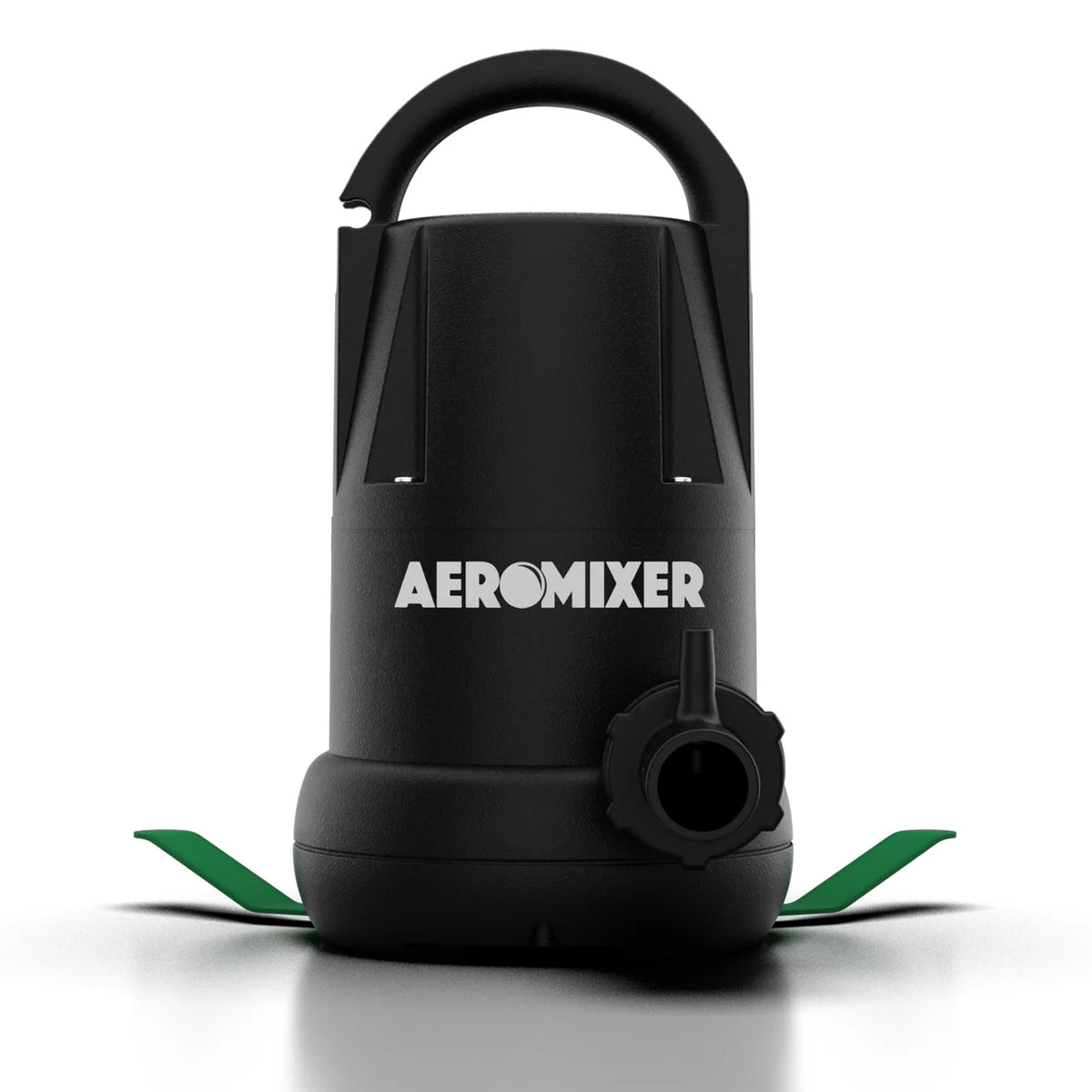 Black AEROMIXER mini nutrient mixer aerator pump with top handle, green blades on a white background.
