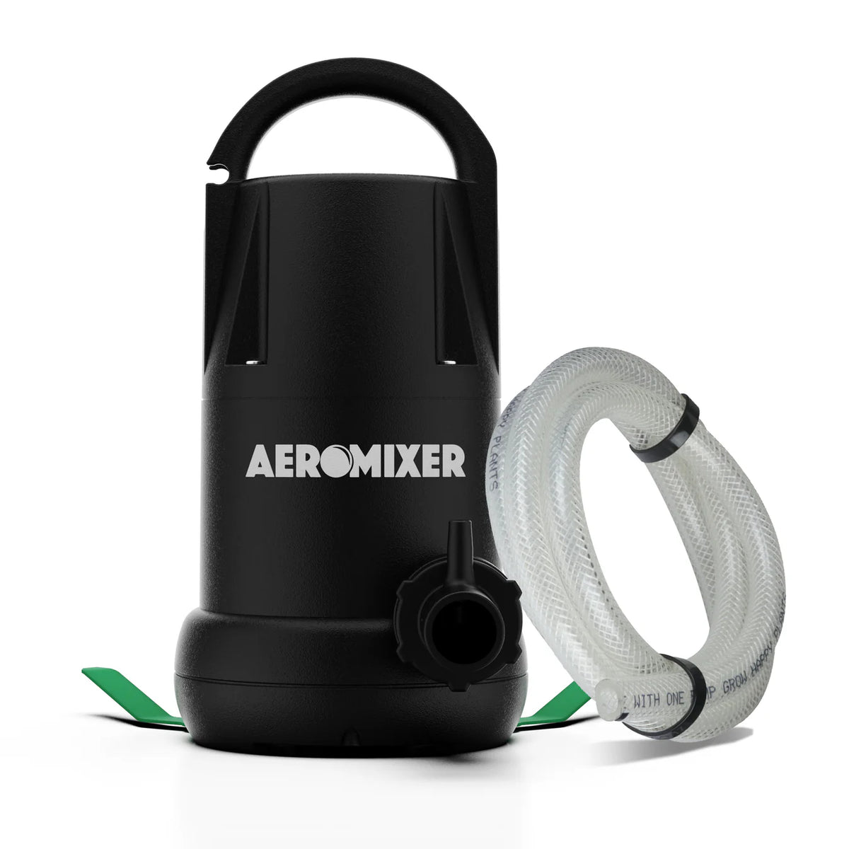 Black AEROMIXER pump with handle, visible green mixing blade, and coiled clear hose on white background.