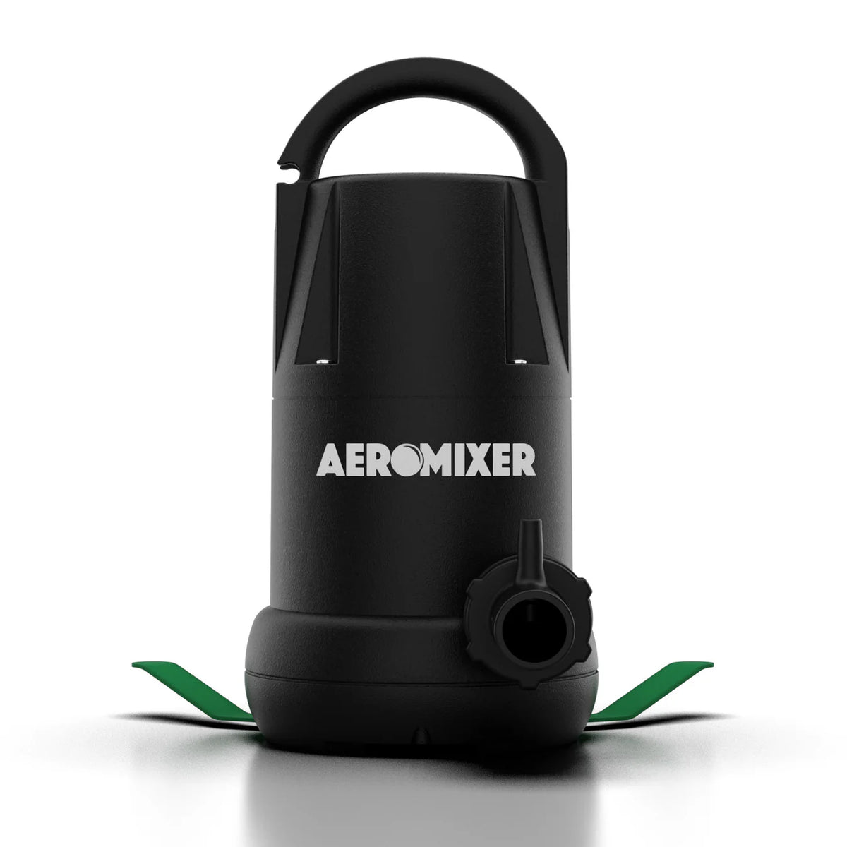 Black AEROMIXER nutrient mixer aerator pump with handle, side nozzle, and green mixing fins on a white background.