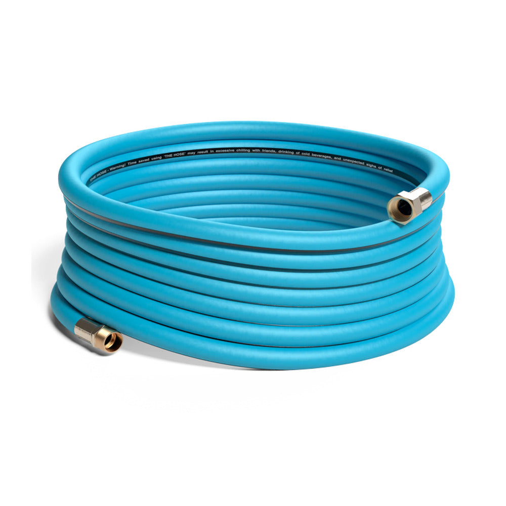 A neatly coiled light blue garden hose with golden brass fittings, isolated on a clean white background.