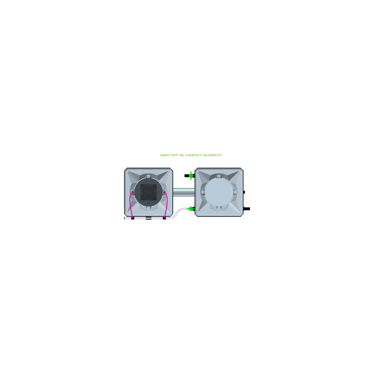 Aero Pot SL Compact Header Kit diagram: Two connected gray square units for hydroponic systems.