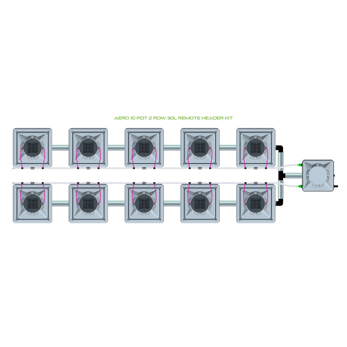 Overhead view of Alien Hydroponics Aero 10 Pot 2 Row Kit, 10 square pots in two rows connected to a remote header.